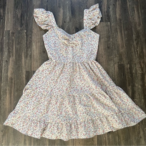 PRETTY GARDEN Pink Casual Summer Dress Floral Boho Ruffle A Line Sleeveless M - Picture 3 of 13